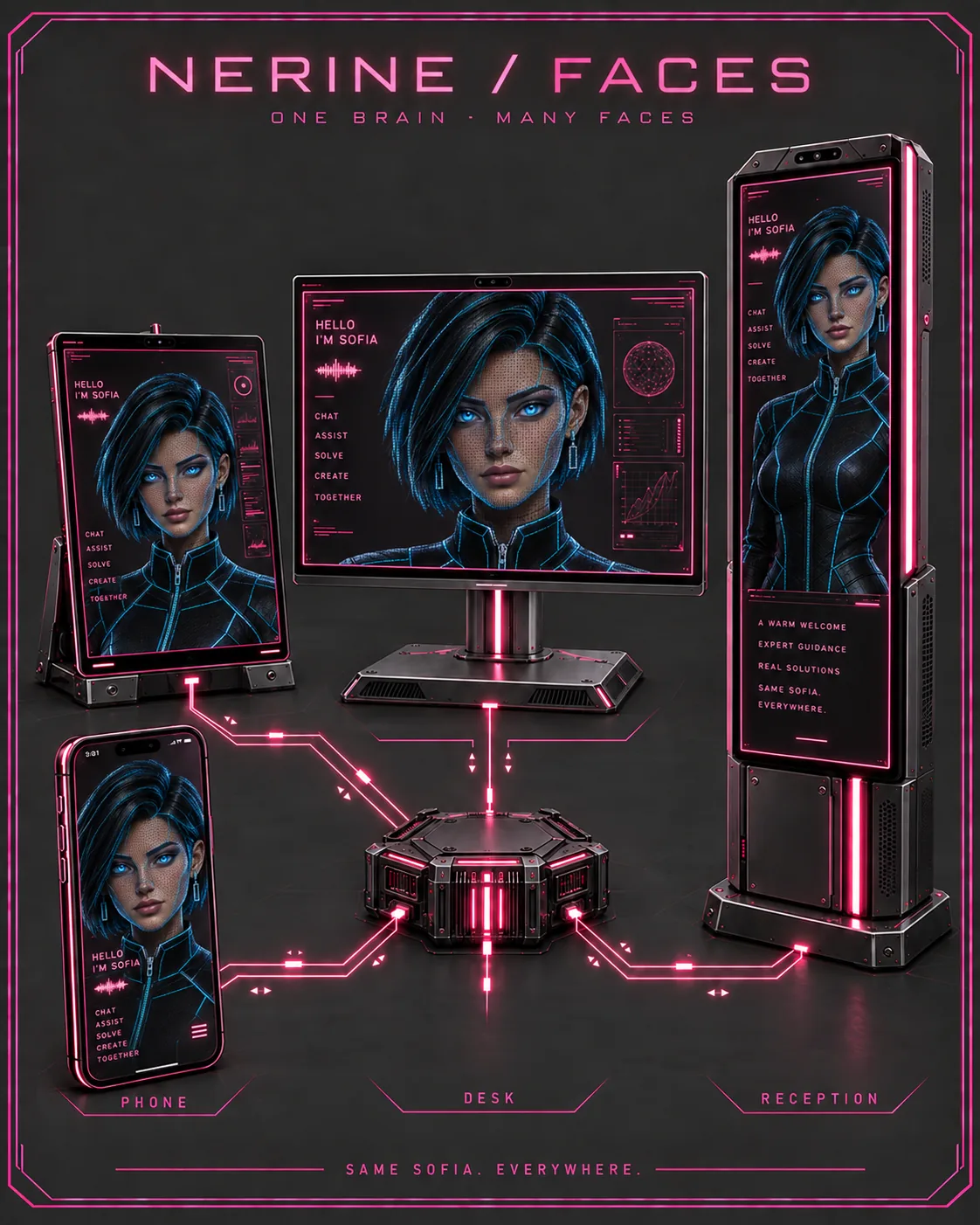 Sofia su telefono, monitor e totem per reception, collegati allo stesso Brain